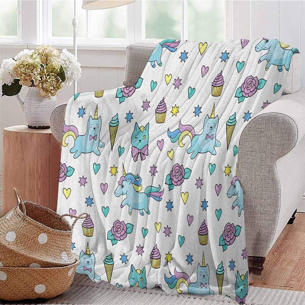 Luoiaax Unicorn Cat Bedding Flannel Blanket Girls Pattern with Hearts Stars Flowers Ice Cream Cute Funny Super Soft and Comfortable Luxury Bed Blanket W70 x L70 Inch Pale Blue Lavender Yellow