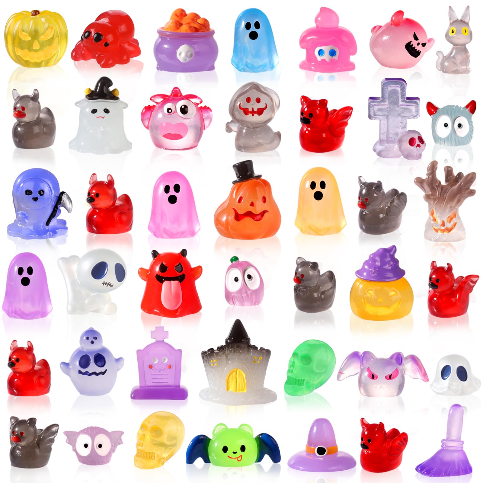Photo 1 of DIYDEC 50pcs Halloween Luminous Mini Figures 50 Styles Halloween Miniatures Little Small Resin Pumpkin Ghost Skull Figures Bulk for Party Favors Bag Fillers Garden Dollhouse Decor