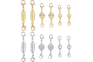 12pcs Magnetic Jewellery Clasp, Gold & Silver Magnetic Necklace Extenders with Double Lobster Fasteners Ball & Cylindrical Co