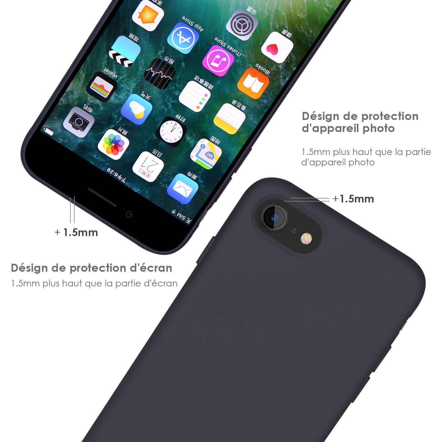 Coque iPhone 7 / 8 , JASBON Coque Silicone Liquide Anti-rayure avec Protecteur d\'écran Gratuit, Housse Protection Silicone Anti-patinage Gel Case de Style Classique pour iPhone 7 / 8 - Noir