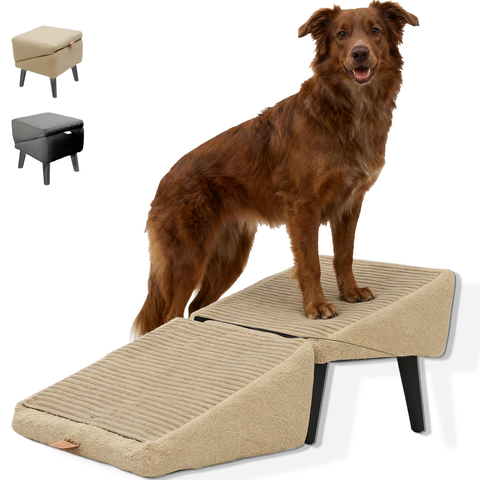 Photo 1 of 2-in-1 Convertible Wooden Home Step Stool Dog Ramp Stairs, Split Ottoman Dog Ramp, Good Load-Bearing with Suction Cup, Non-Slip, Can Be Used a Stool, for Senior & Small Dogs (Khaki,Plush)