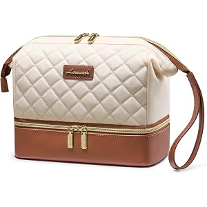 LOVEVOOK Travel Makeup Bag, Portable Double Layer Cosmetic Bag For Women | Toiletry Bag with Brush Compartment, Waterproof PU