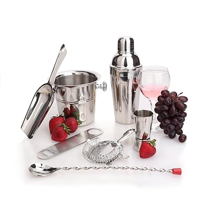 Urban Snackers Stainless Steel Bar Set Combo of 7 Pcs Shaker 20 Oz 600 Ml, Jigger, Scoop, Spoon Twisted, Strainer, Opener, Bucket