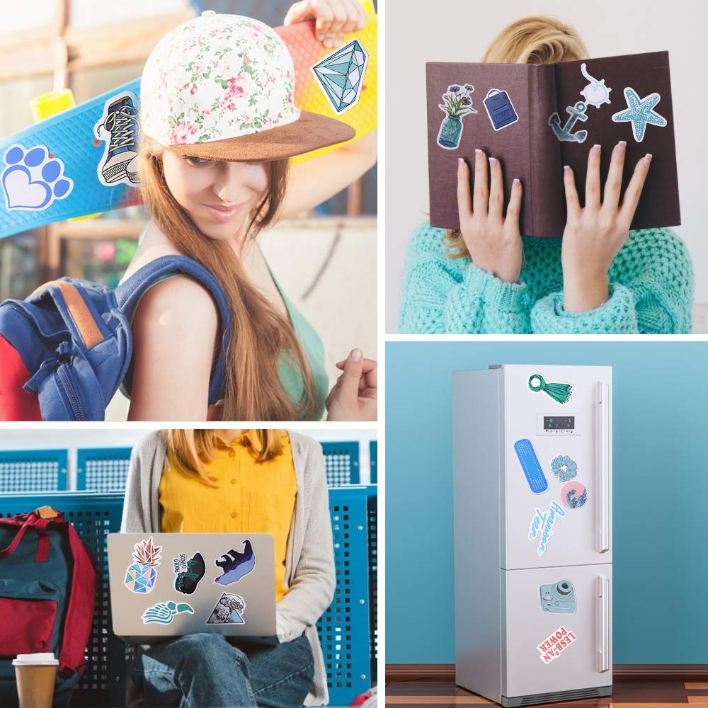 VSCO Stickers for Water Bottle, 50 PCS Cute Aesthetic Trendy Waterproof Vinyl Sticker for Laptop, Phone, Luggage, Skateboard, Guitar, Graffiti Decal (Blue)