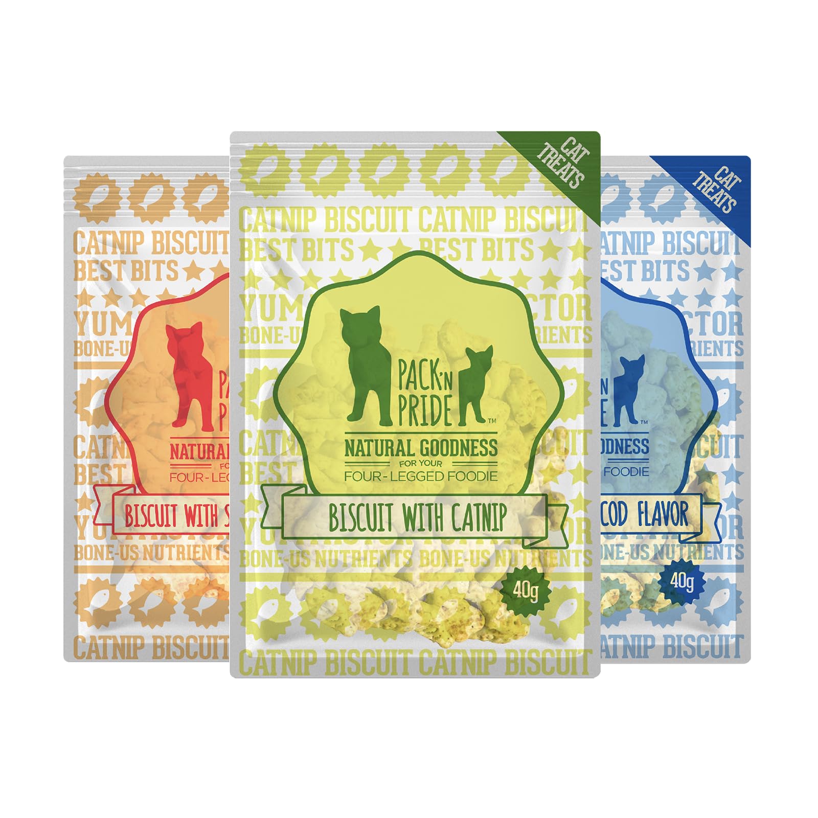 PACK’N PRIDE Cat Biscuits, 3 Pack*40g=120g Crunchy Fish Shape Cat Treats for Indoor Cats over 4 Months, 3 Flavours (Cod, Catnip, and Salmon) with Natural Ingredients