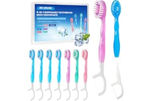 10Pack Disposable Toothbrushes with Toothpaste 5-in-1 Mini Travel Toothbrush with Tongue Scraper + Floss + Pick Individually 