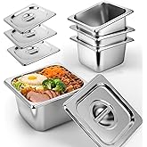 West Bay 4 Pack 1/6 Size Hotel Pan with Lids, 4'' Deep Steam Table Pan with Lid, 7''L x 6.5''W Stainless Steel Pans for Home, Party, Hotel, Buffet