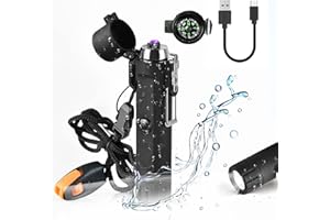 Bistfy Electric Lighter with Flashlight, Dual Arc USB Rechargeable Waterproof and Windproof Flameless Plasma Lighter with Emergency Compass, Whistle and Lanyard for Camping Hiking Survival Gear