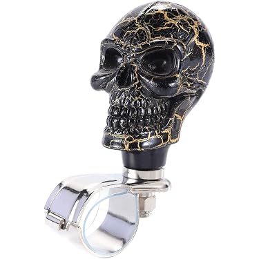 Black Suicide Spinner Steering Wheel Knob With Silver Punisher Skull - Gloss Finish, Metal - By Hogking Speed Shop