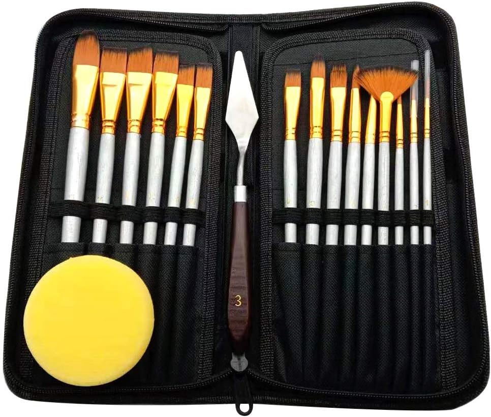 Decdeal 17 Piece Artist Long Handle Synthetic Paint Brush Set Multi Functional Painting Brushes Kit, Watercolor Gouache Oil Acrylic Brush Set, with Paint Scraper Sponge Art Supplies