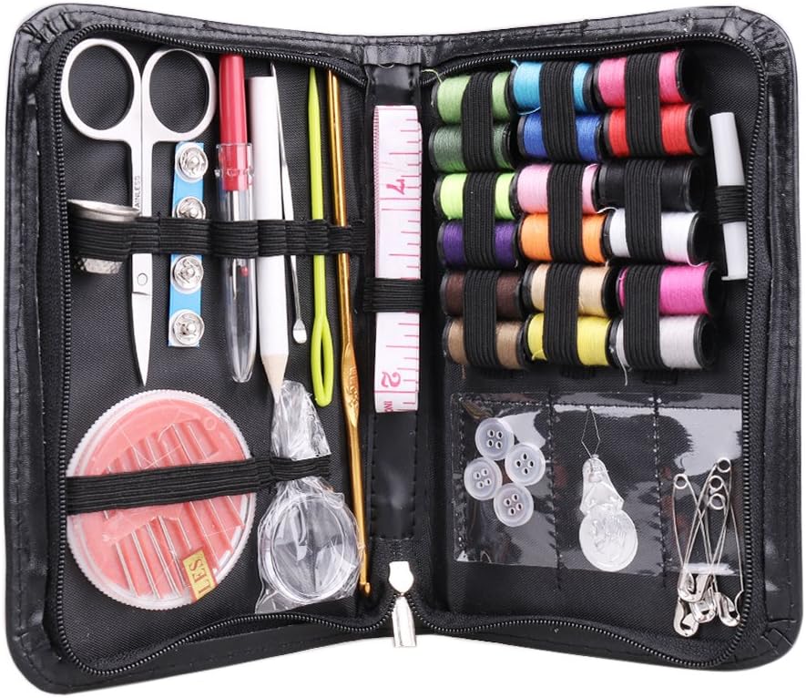 Sewing Kit 42 Sewing Machine Accessories in Mini Portable PU Case Trendy Needlework Box Perfect for Beginners, Travel, Mending, Fashion Emergencies ( Black )