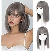JSDshine Grey Bob Wig With Bangs - Heat Resistant 14Inch Synthetic Hair, Short Straight Shoulder Length Natural-Looking Cosplay Wig for Daily Use, Parties & Women Girls