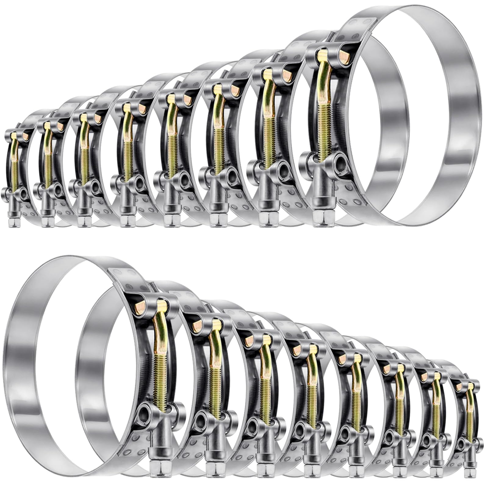 Photo 1 of Tnisesm 16Pcs 8 Sizes T-Bolt Hose Clamps, 304 Stainless Steel Heavy Duty Hose Clamp Assortment Set Working Range 28-91mm for 3/4"-3inch Hose ID, Radiator Turbo Intake Soft Hose Intercooler Clamps