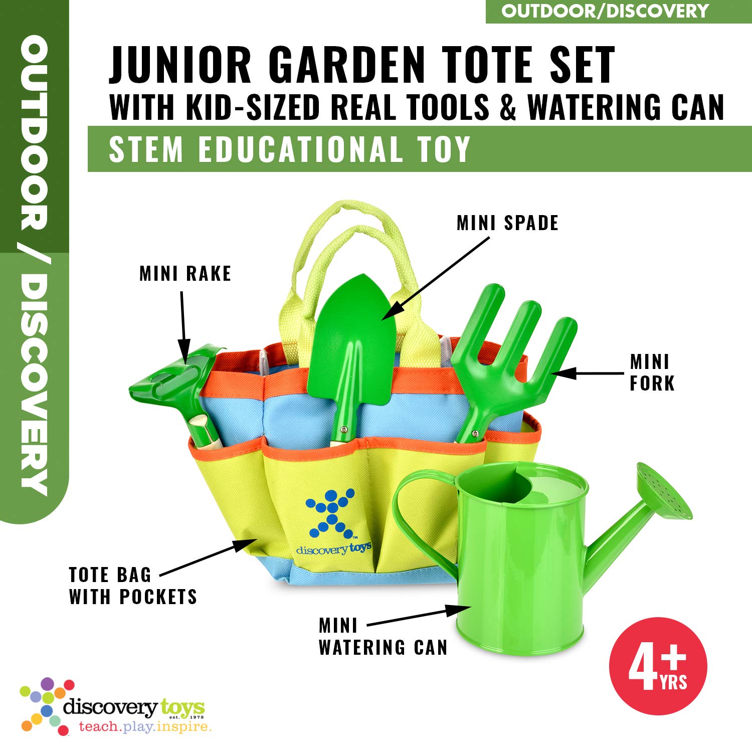 Discovery Toys Kids Garden Tool Set– 5 Piece Kid-Sized Real Metal Tools with Wood Handles - Watering Can, Tote, Spade, Fork, Rake – Summer Toy Gift 4 Years and Up