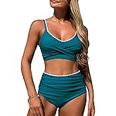 ZAFUL High Waisted Bikini Sets for Women Twist Front Ruched Color Block Two Piece Swimsuits Tummy Control Bathing Suit