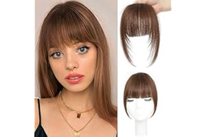 MYMYDA Clip in Bangs 100% Real Human Hair Extensions Clip on Wispy Bangs for Women Fringe with Temples Hairpieces Light Brown Color
