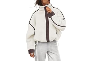 Creerer Womens Fleece Jacket Zip Up Long Sleeve Sherpa Jackets Trendy Contrast Coats Winter Outerwears with Pockets