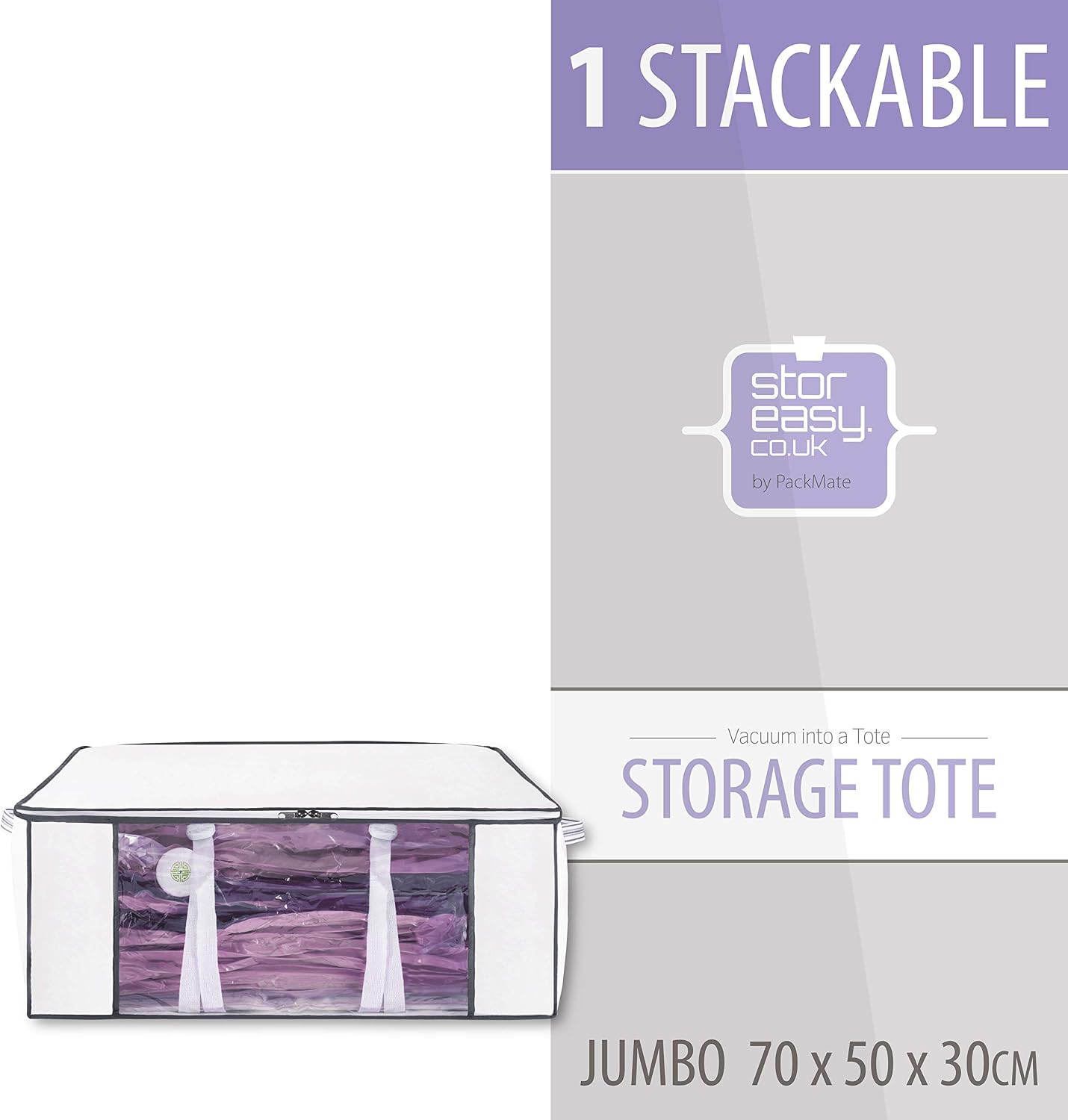 Packmate Storeasy, 1 Jumbo (65 x 50 x 27cm) Stackable High Capacity Vacuum Storage Tote Ð Premium Quality, Extra Strong