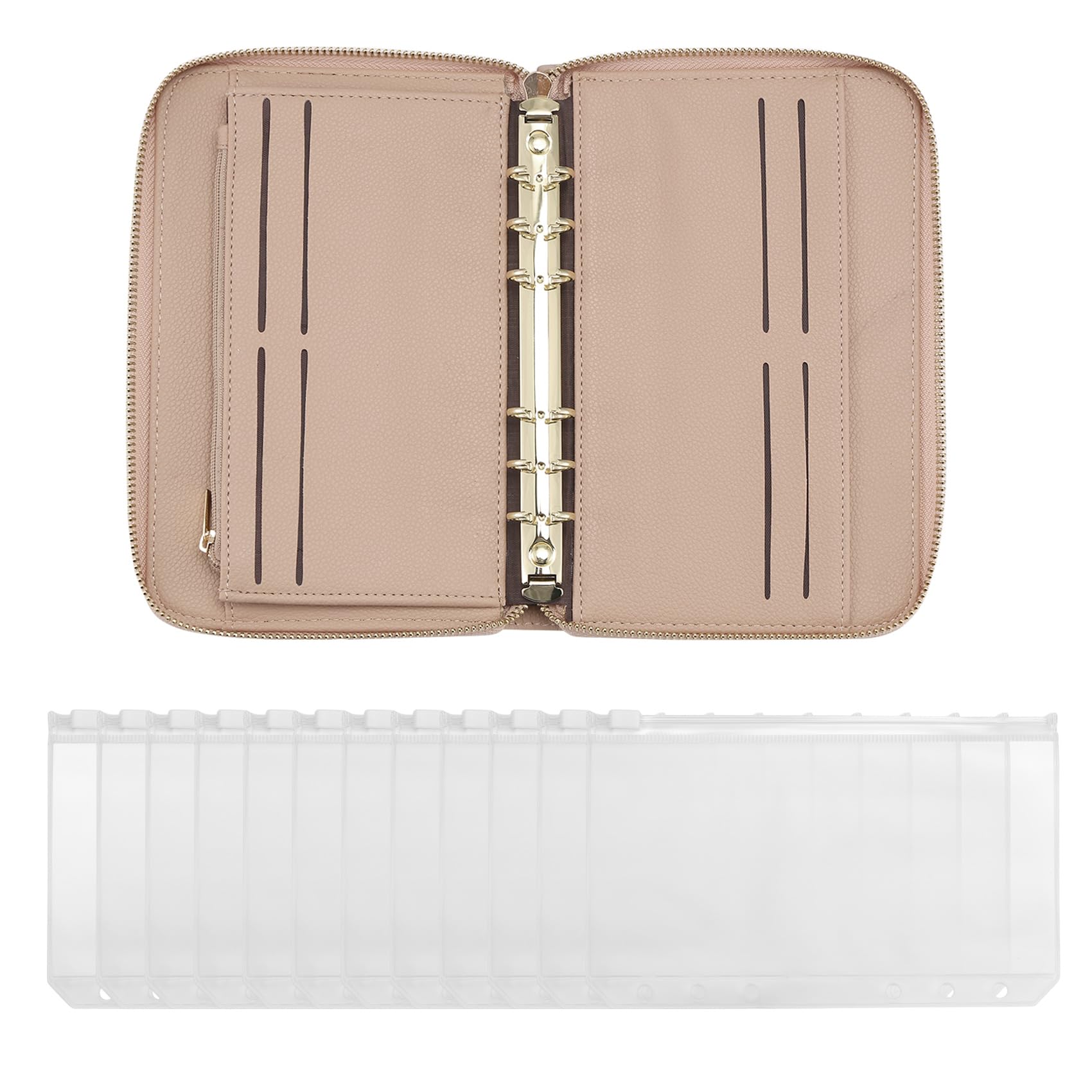 Povxlum Money Saving Wallet with 12Pcs Cash Transparent Envelopes, A6 Cash Budget Envelope Wallet System, Binder Note for Budgeting and Saving Money, PU Leather Ring Binder