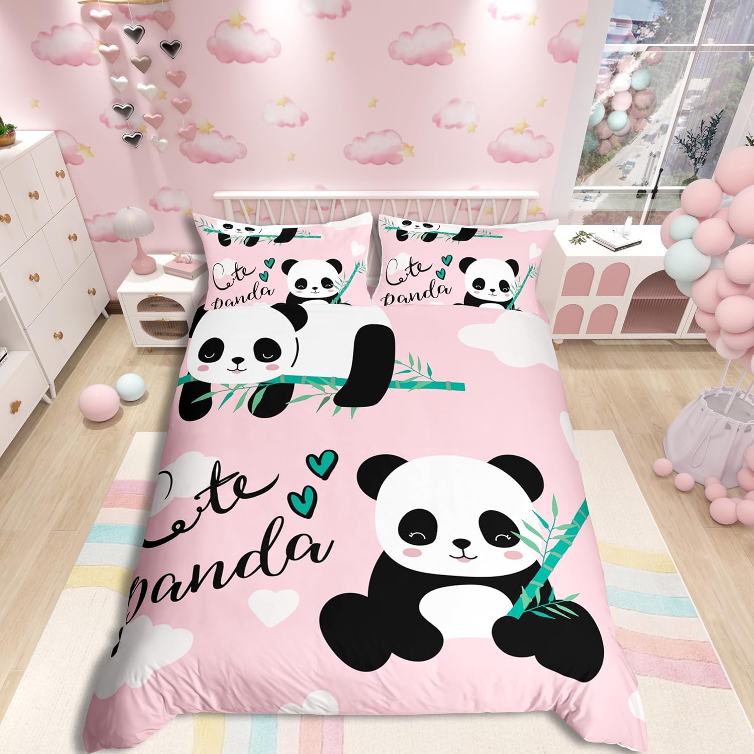 Cartoon Panda Bedding Set Cute Animal Duvet Cover for Kids Boys Girls Wildlife Comforter Cover Kawaii Panda Pink Duvet Cover King Size