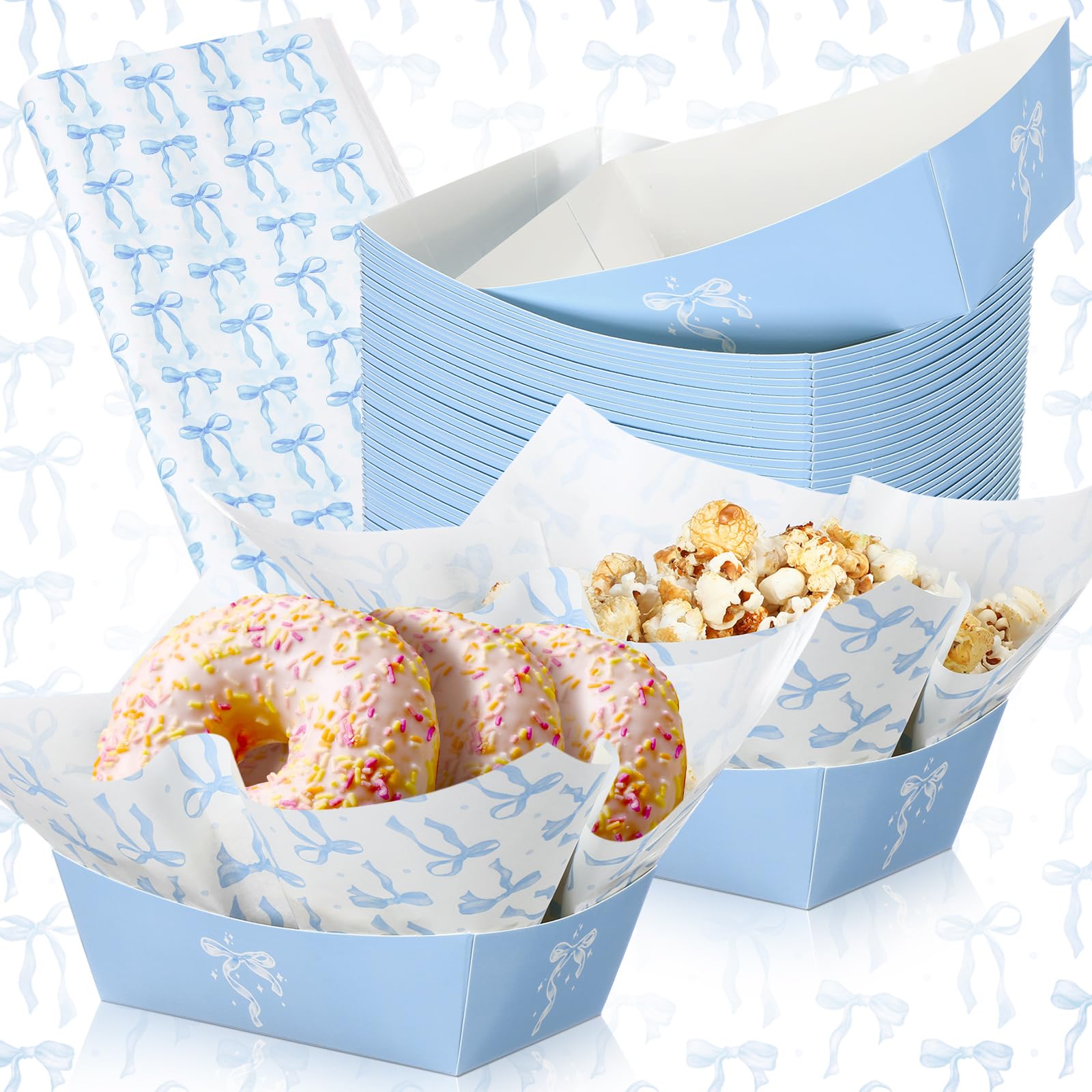 Photo 1 of Geosar 100 Pcs Coquette Bow Paper Food Trays Bulk Bow Birthday Party Supplies Birthday Decorations Disposable Food Boat Trays with Wax Paper Sheet Wrapping for Wedding Bridal Party Supplies(Blue)