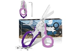 PATWING 6 In 1 Emergency Shears, Stainless Steel Foldable Trauma Shears with Strap Cutter and Glass Breaker, Outdoor Camping Scissors Tools (Purple)