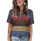 VISLILY Womens-Plus-Size-Summer-Tops Dressy V Neck T Shirts Trendy Striped Color Block Short Sleeve Buttons Up Blouses Tunics