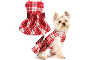 YIKEYO Dog Christmas Outfit Red Plaid Dog Dress Dog Winter Clothes for Small Dogs Girl Fancy Sequin Puppy Dress Fleece Lining Dog Sweater Dress Pet Coat Cat Apparel, Size XXS