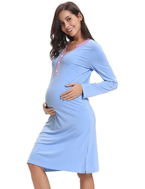 Hawiton Damen Umstandskleid Nachthemd Kurz Sleepshirt Baumwolle Nachtwäsche Nachtkleid Stillnachthemd Langarm mit Knöpfeleist