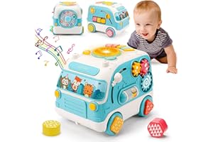 THREMHOO Baby Musical Bus Toys, Busy Crawling Learning Cube Baby Toys 6 9 12 18 Months Infants Toys with Light & Music Toddler 1-3 Development Educational Sensory Toddler Boy Girl Age 1-2 3 Year Old Toy Gift