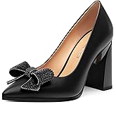 Heisnemca Womens Chunky Block High Heels Patent Closed Pointed Toe Bow Pumps Slip on Heels Wedding Party Dress Shoes 3.5IN
