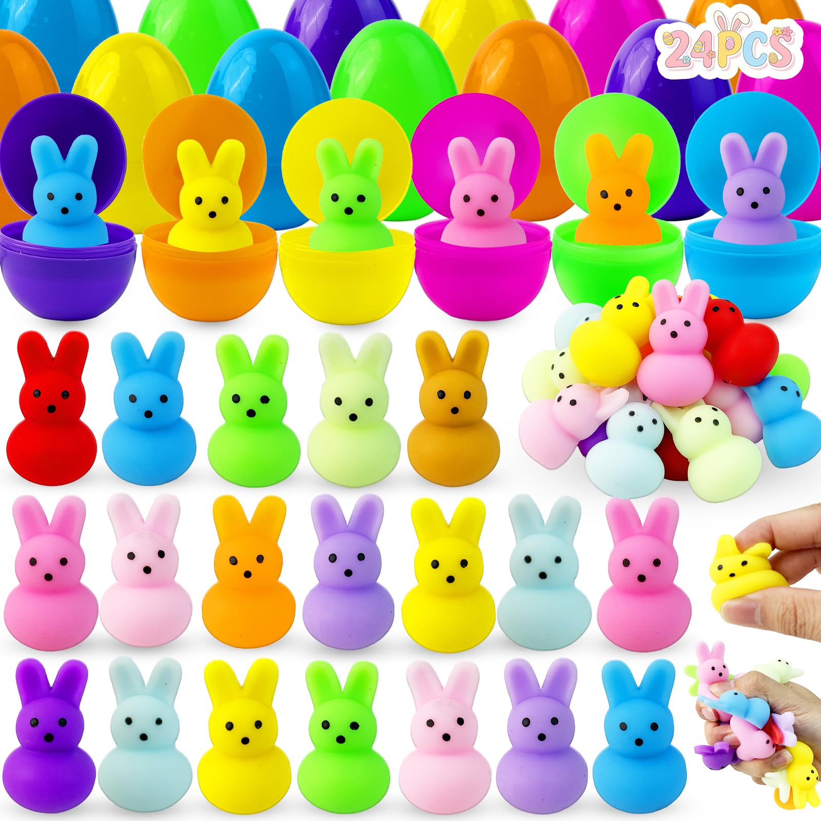 24Pack Easter Bunny Mochi Squishy Toy,Easter Basket Stuffers,Easter Egg Fillers,Bunny Squishies Bulk Fidget Toy Easter Gifts Hunt Supplies Party Favors Ideas