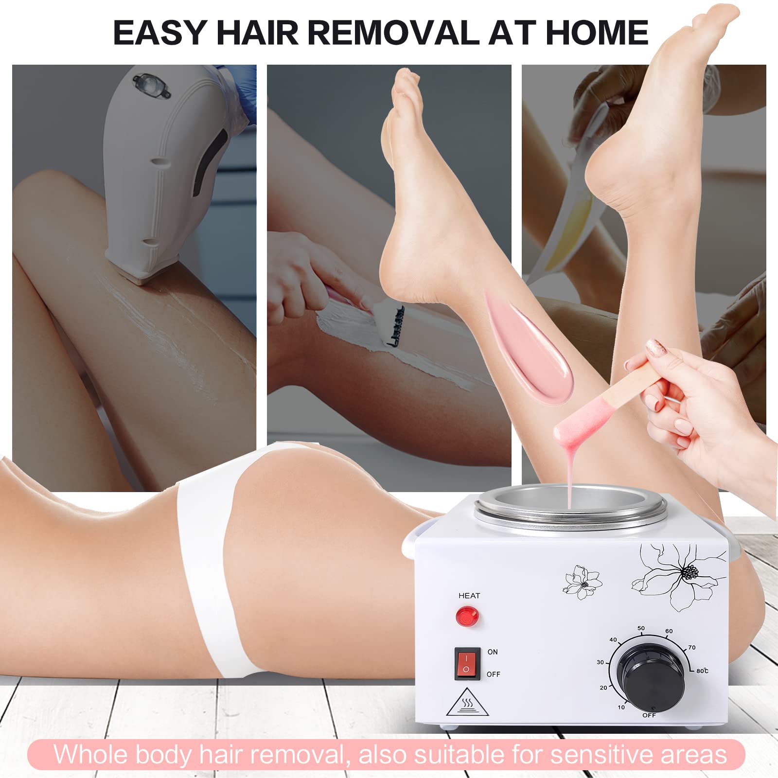 Portable Wax Warmer Machine for Painless Hair Removal, Women Men Professional Wax Heater with Adjustable Temperature Set, 20pcs Sticks (White - Single Pot)