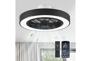 LEDIARY 22in Enclosed Ceiling Fans with Lighst and Remote, Black Modern Bladeless Ceiling Fan with Bright Light, Led Flush Mo