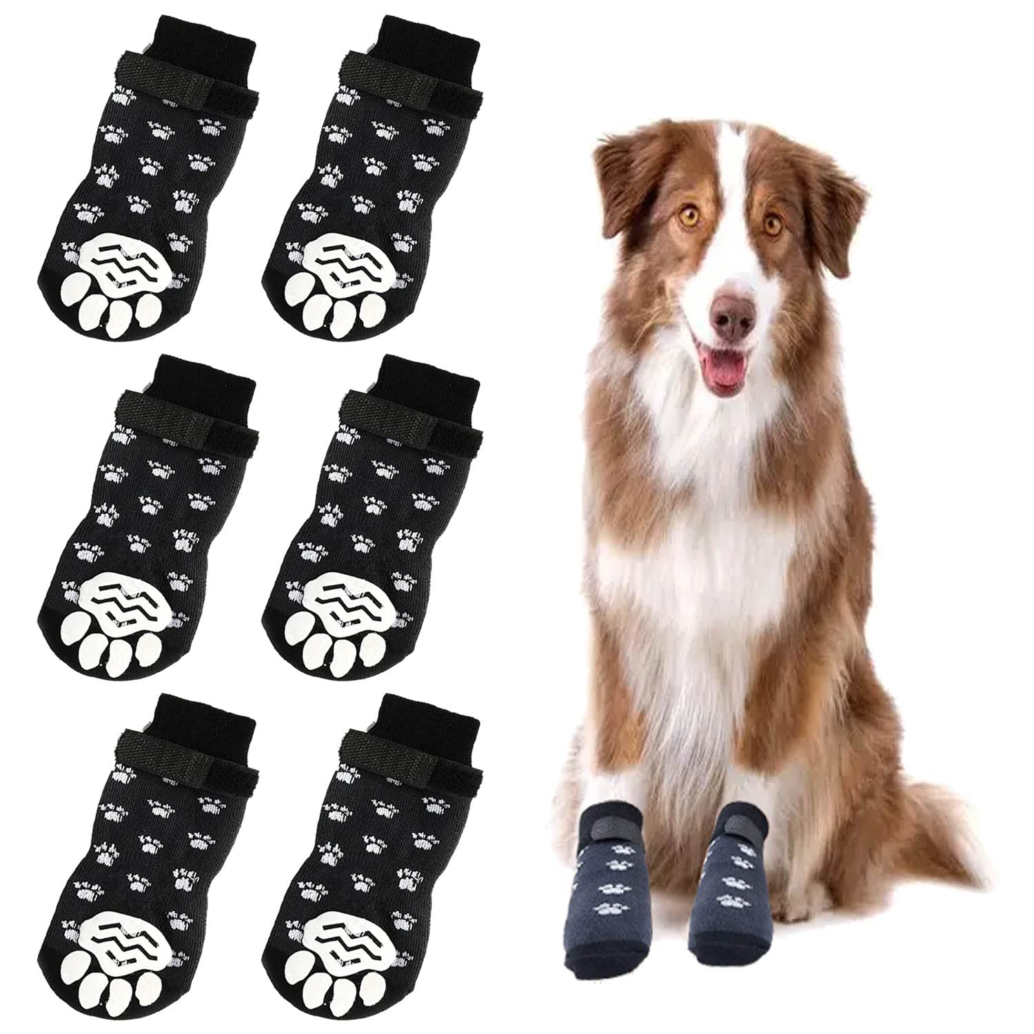 Kingrun Dog Socks 3 Pairs Anti-Slip, Pet Paw Protector Soft Adjustable With Strap Traction Control for Indoor Use on Hardwood Floors - L