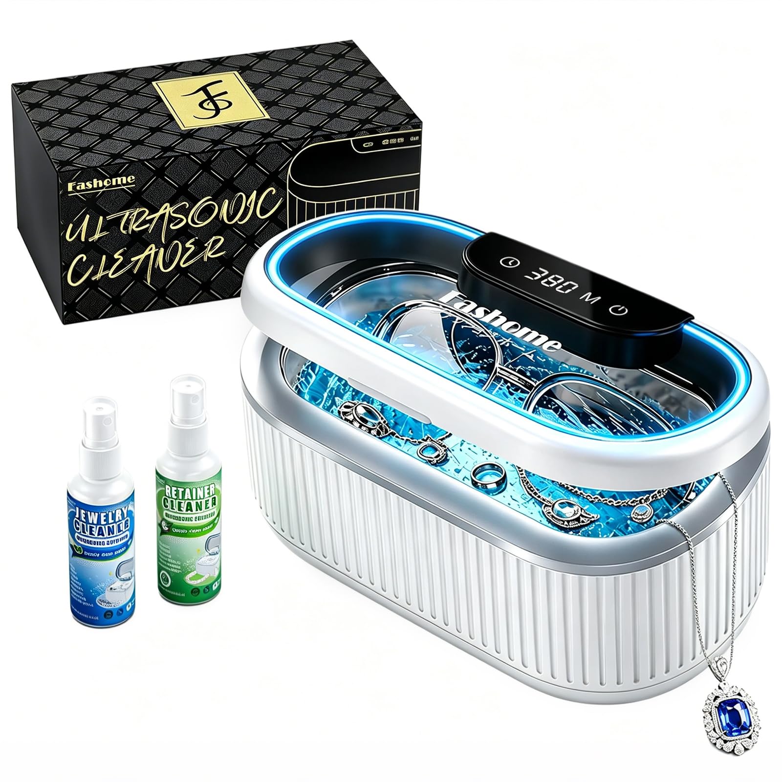 Fashome Ultraschallreiniger mit 2×100 ml Reinigungsflüssigkeit, 45 kHz 3 Modi, 550 ml Edelstahltank, für Schmuck, Brillen, Uhren & Zahnersatz, Reinigungskorb & Uhrenhalterung – mit Geschenkbox