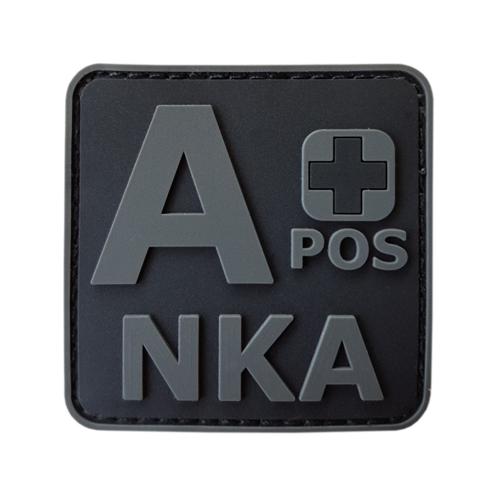 ACU All Black APOS A+ NKA Blood Type No Known Allergies Morale PVC Rubber Fastener Patch