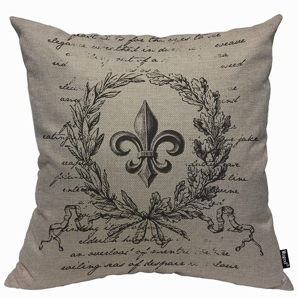 Mugod Fleur De Lis Flower Vintage Style with Retro Letter Cushion Cover Throw Pillow Covers Pillow Case for Men Women Decorative Home Sofa Chair Couch 45x45cm/18x18 Inch