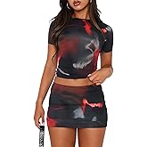 XIITYMU Womens Sets 2 Piece Outfits Crew Neck Print Short Sleeve Crop Tops for Women and Bodycon Mini Skirt Set