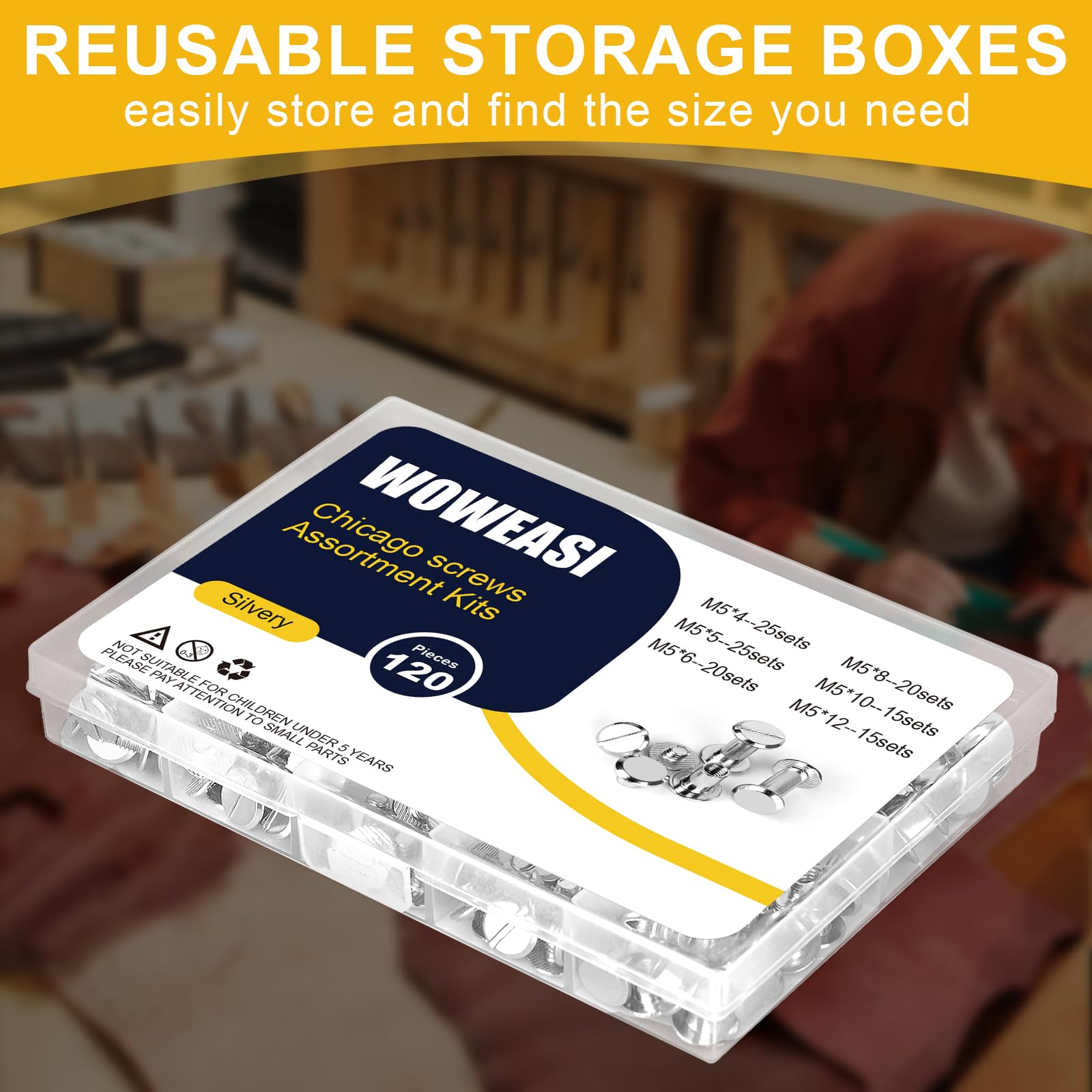 120sets Chicago Screws Kit, 6 Sizes Screw Rivets Silver Chicago Binding Screws for DIY Repair Leather Craft Belt Bag Shoes Purse Bookbinding (M5*4,5,6,8,10,12) (Silver)