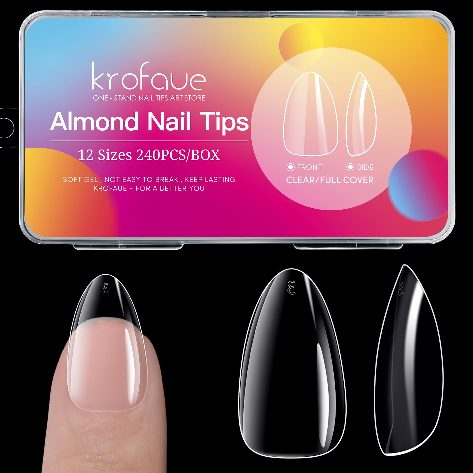 krofaue Short Almond Nails - 240Pcs Almond Clear Nail Tips 12 Sizes Almond Nail Tips, Artificial Acrylic False Nails, Full Cover Press on Nails Almond for Home DIY & Nail Tips Art