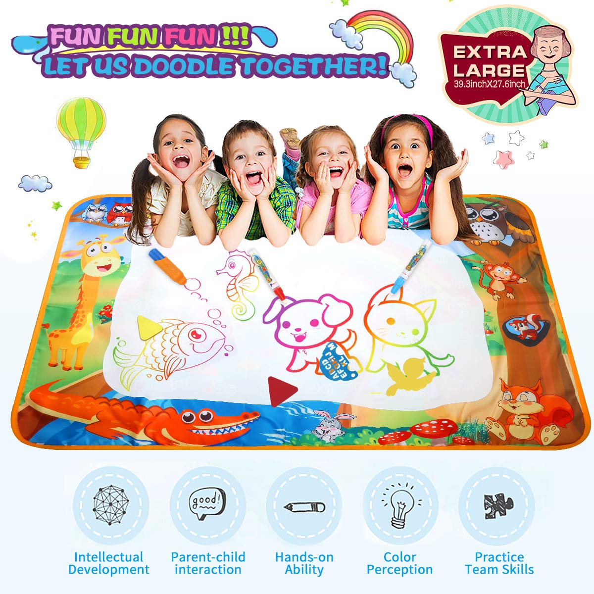 Magic Water Doodle Mat Drawing Mat Multicolor Animal World Theme Toddler Gifts Toys For 2 3 4 Year Old Girls Boys Educational Birthday Gifts Ideal Large Size 39.3 x 27.6 Inch 17pcs Accessories