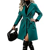 Springrain Womens Winter Wool Pea Coat Warm Notched Collar Double Breasted Belted Coat Long Jacket Outerwear