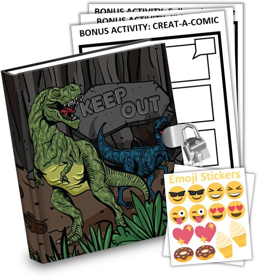 Dinosaur T-Rex Dino Kids Diary With Lock Includes 6.5 Inch Diary, Stickers, & Bonus Activity Pages