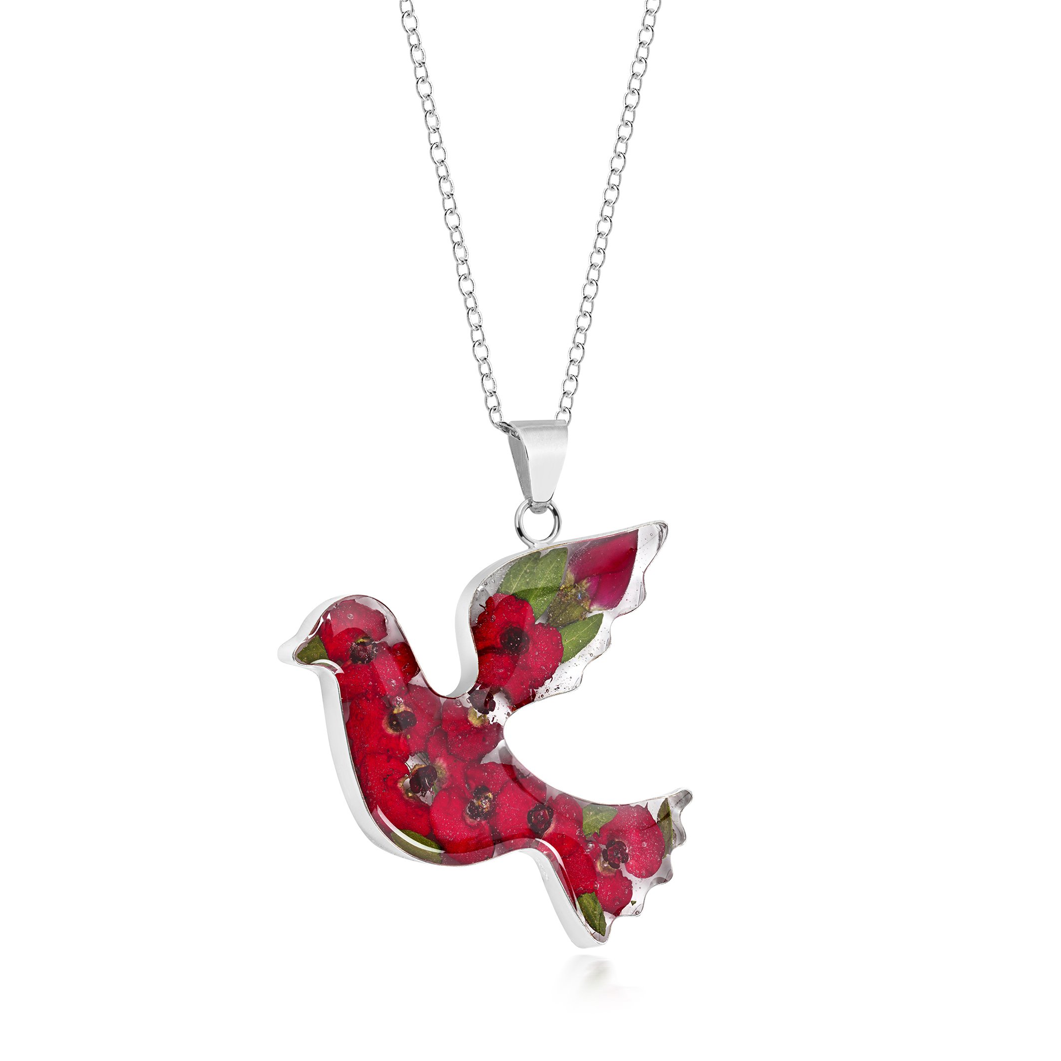 Natural Flower Jewellery Sterling Silver Dove of Peace Pendant Made With Real Poppies