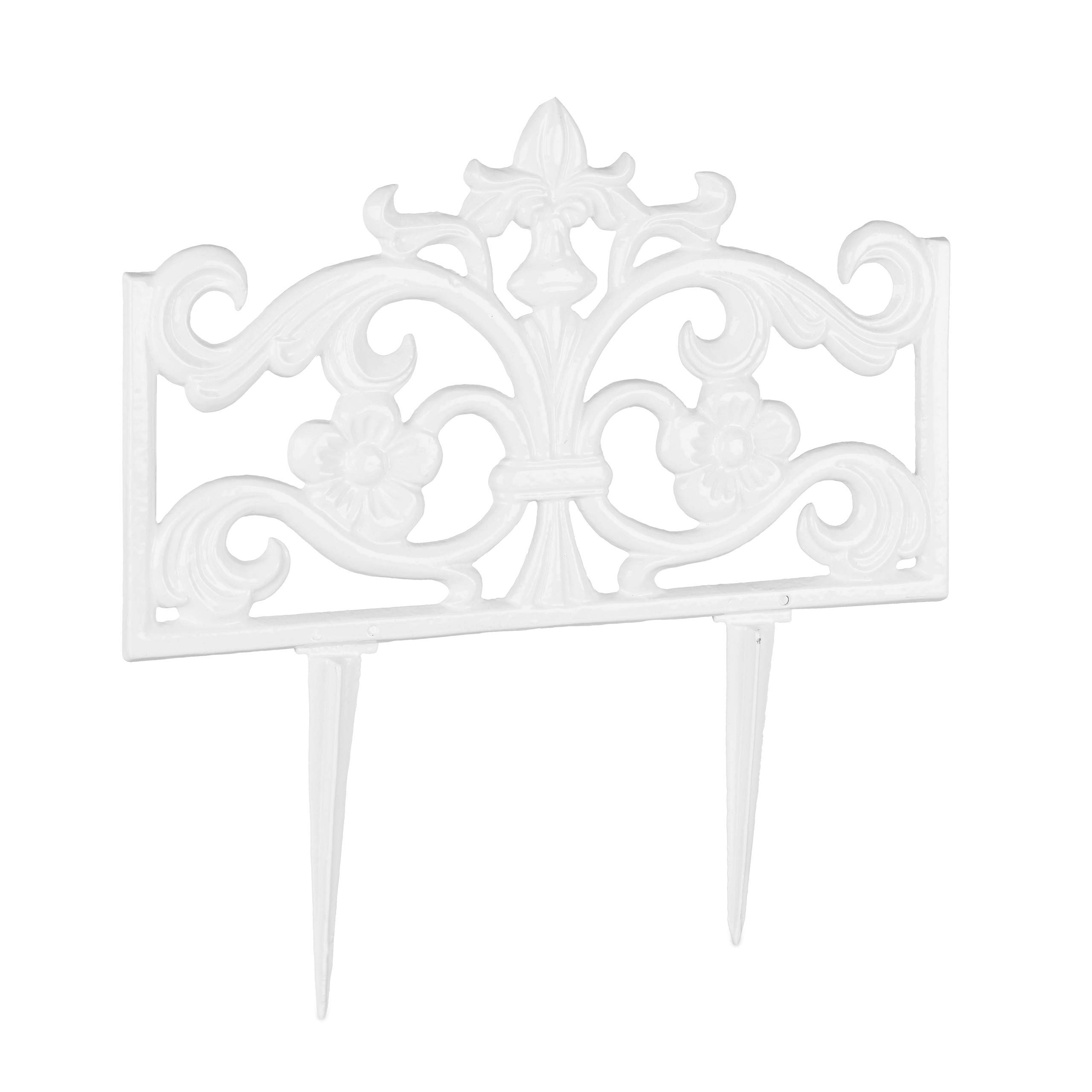 Relaxdays Flower Bed Fence, Cast Iron, Single Panel, Spikes, Modular, Decorative Lawn Edging, Nostalgic, H x W x D: 37 x 36 x 2 cm, White