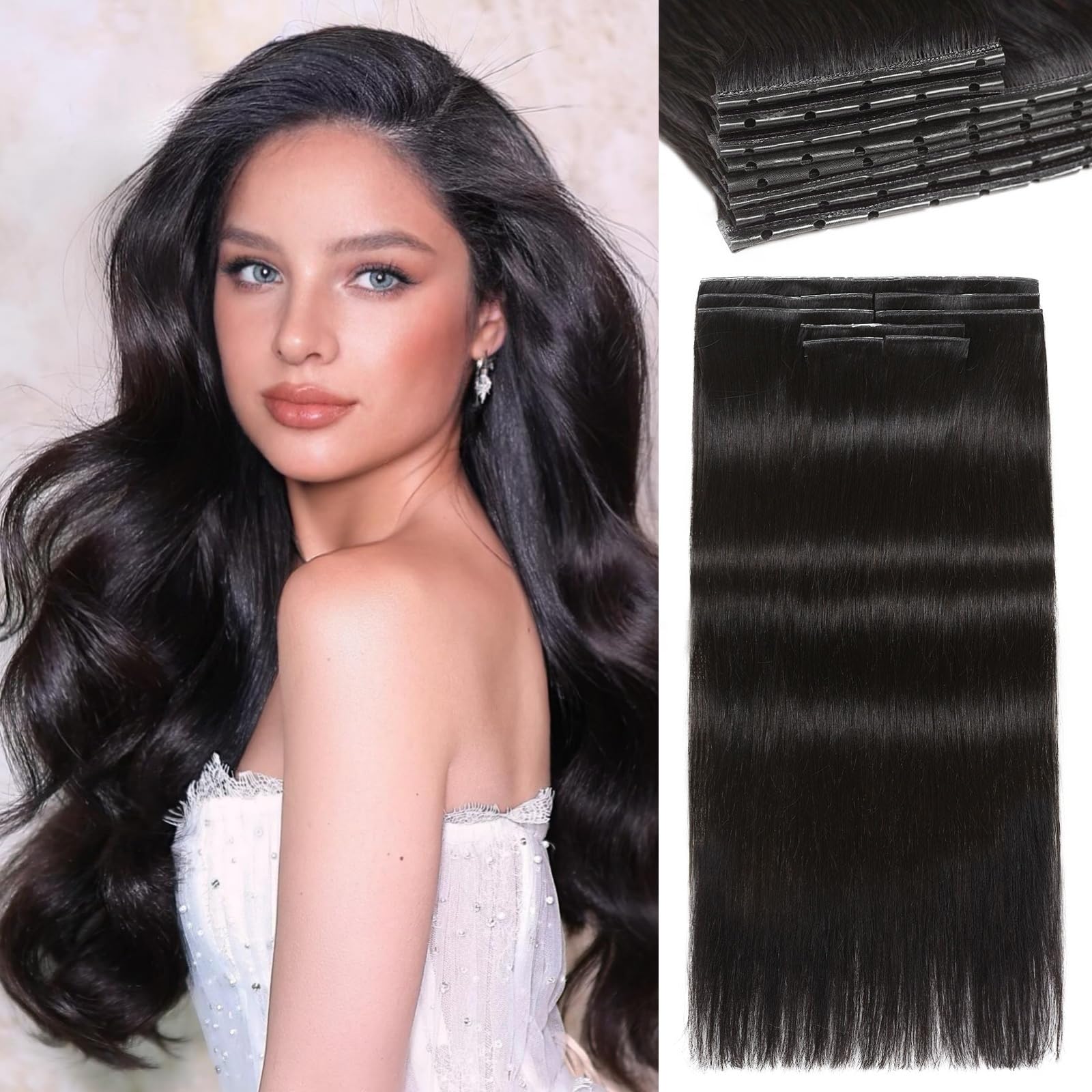 Photo 1 of LADY MIRANDA  Double Weft Human Hair Extensions with Micro Ring Seamless Reusable Beaded Weft Hair Extensions Genius Handmade Twin Tabs Hair Extension(1B, 20 Inch)