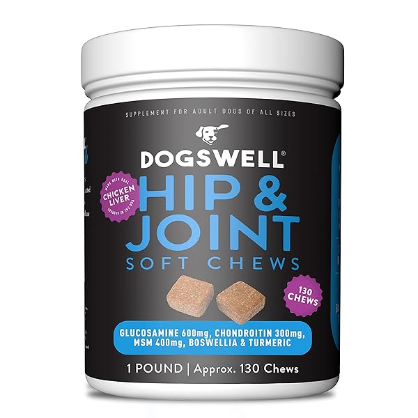 DOGSWELL HIP AND JOINT SUPPLEMENT FOR DOGS – SOFT CHEWS WITH GLUCOSAMINE, CHONDROITIN, MSM, BOSWELLIA & TURMERIC, 1 POUND