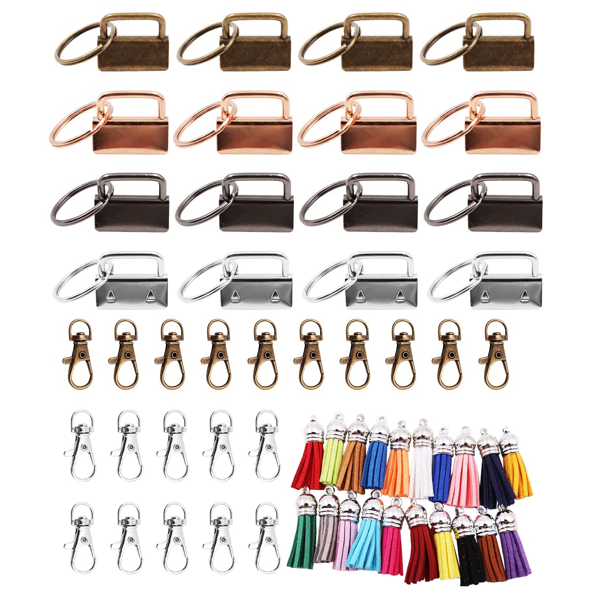 WANGCL 60 Pieces Key Fob Hardware Set 20 Key Fob Hardware Wristlet with Key Ring 20 Leather Keychain Tassels 20 Swivel Snap Hooks for Keychain Making Hardware Supplies