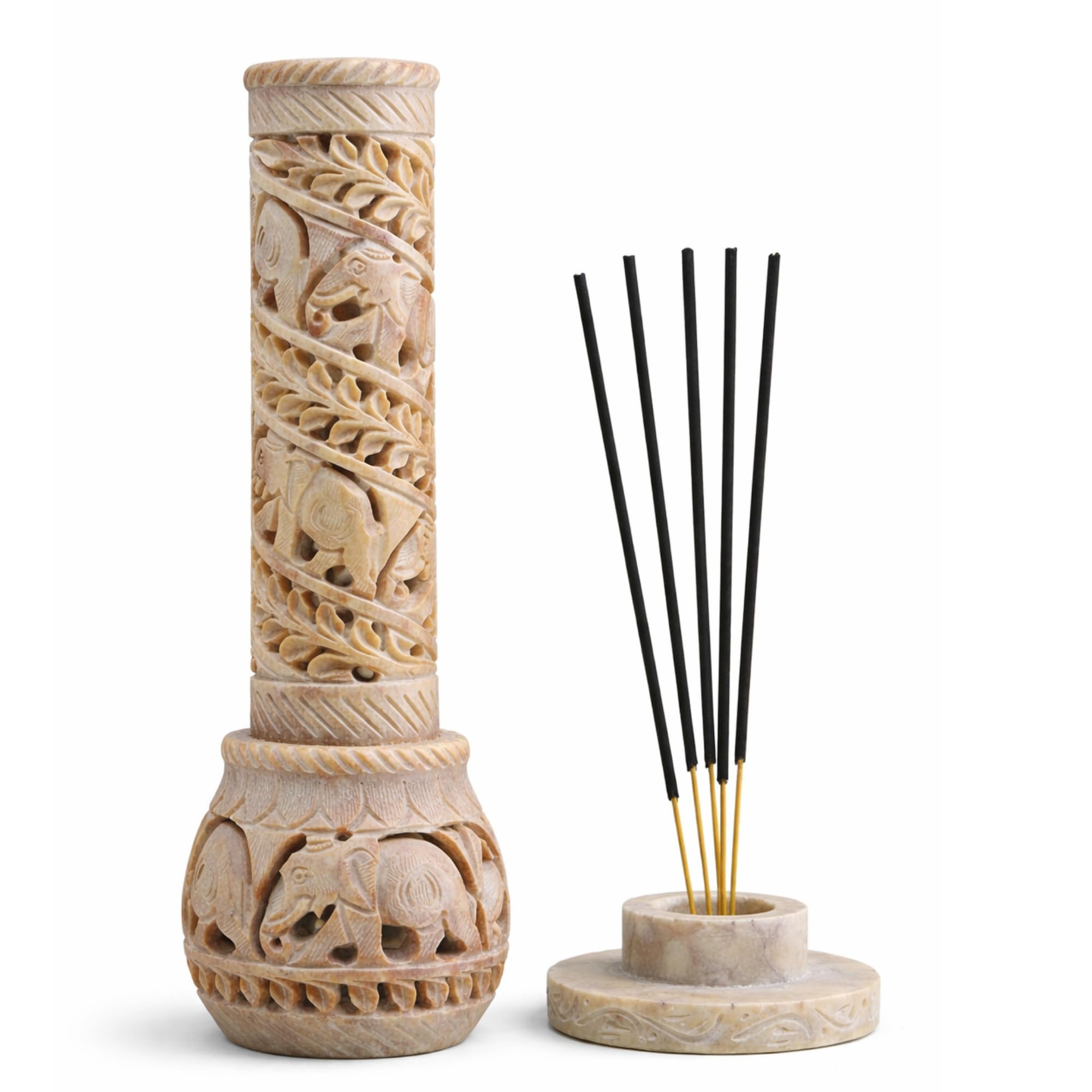 Carry Me Hand Carved Soapstone Incense Stick Holder | Candle Burner | Tea Light Stand. Elephant Jaali Carving Bottle Shape. Decorative Home and Kitchen Decor - (3x3x10.5 Inches)